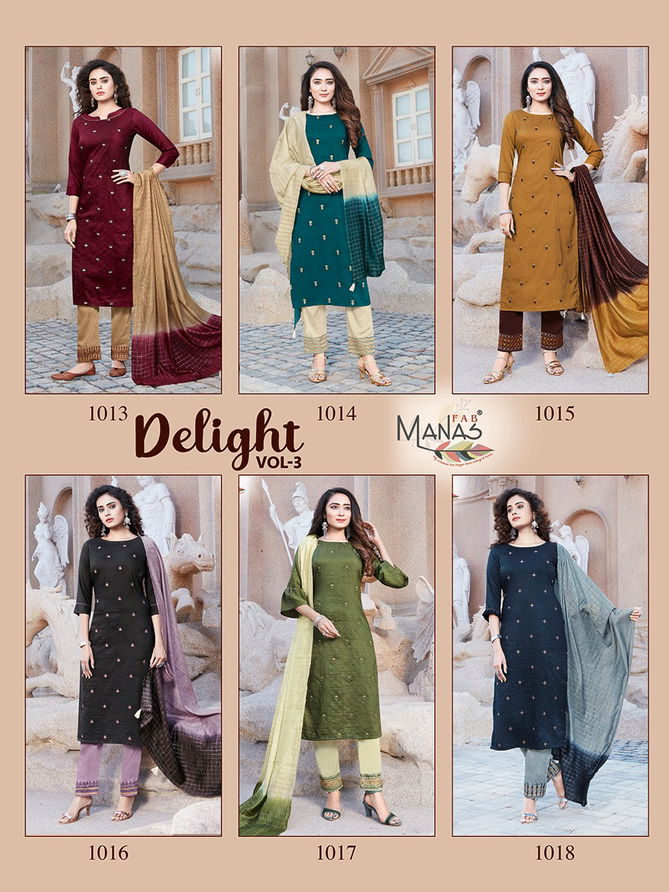 Manas Delight 3 Fancy Designer Heavy Casual Wear chinon silk With Inner With Embroidery work Readymade Salwar Suit Collection
